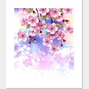 Pink sakura on textured background Posters and Art